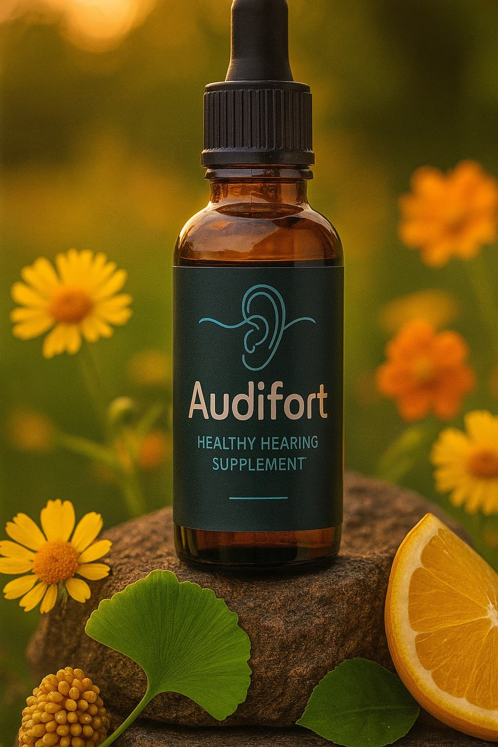 AudiFort natural healthy hearing supplement bottle with botanical ingredients