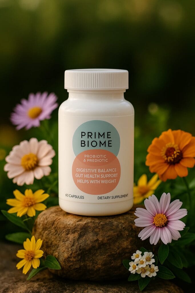 Prime Biome probiotic supplement bottle on natural background